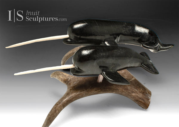 9” Narwhals Mother and Calf by Isaaci Oqutaq